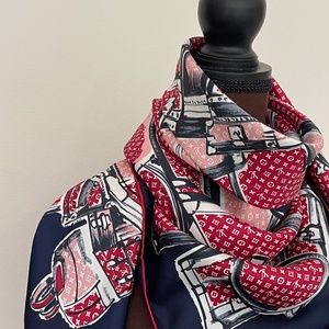 Louis Vuitton Scarf Trunks Luggage Monogram Blue Silk Wrap